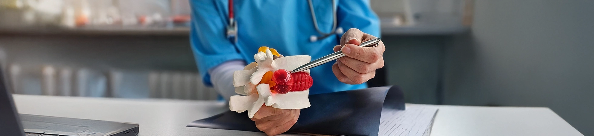 Pain specialist explaining treatment using an anatomical spine model, showing vertebrae and spinal discs to a patient.
