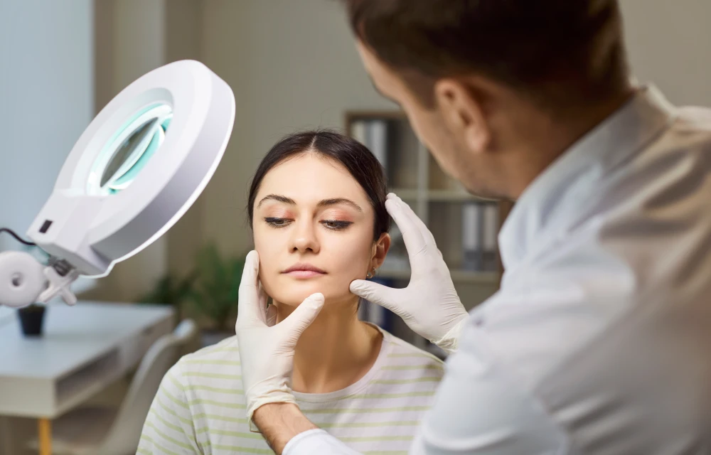 Doctor assessing jaw of patient with one-sided facial pain.